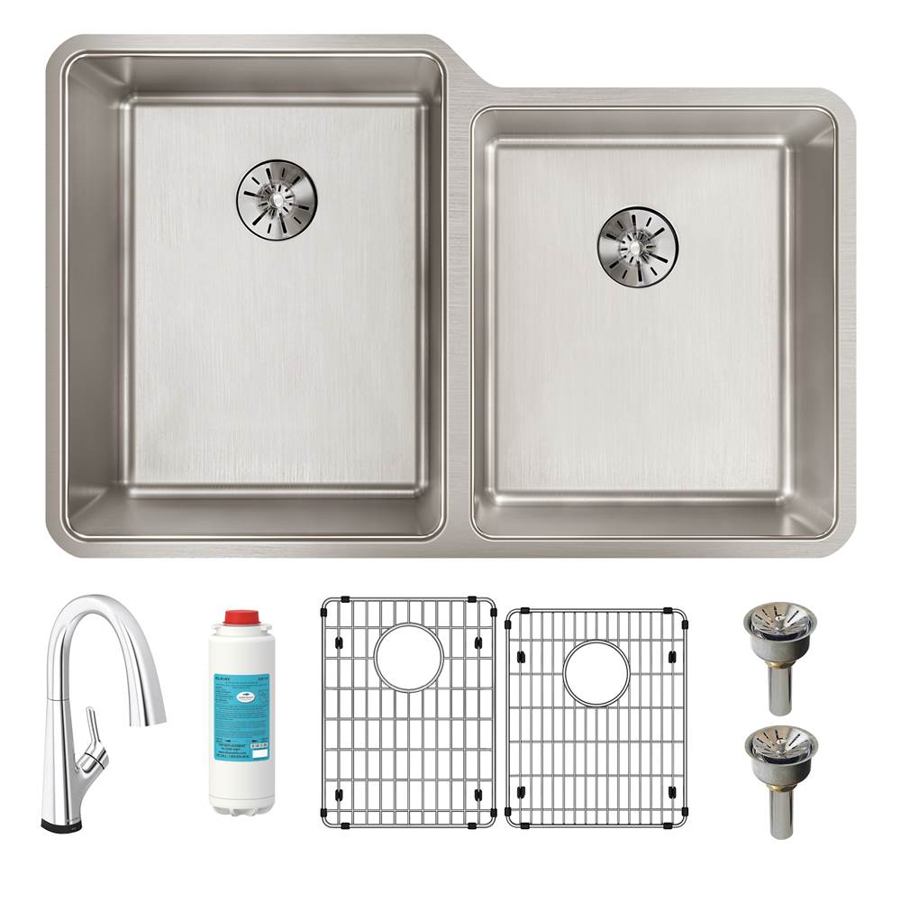 Elkay Reserve Selection Lustertone Iconix 16 Gauge Stainless Steel 31-1/4'' x 20-1/2'' x 9'' Double Bowl Undermount Sink Kit with Filtered Faucet with Perfect Drain